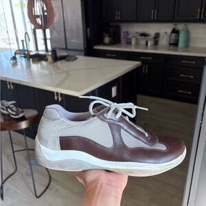 Prada Y2K America's Cup Sneakers Brown Silver Men’s 8.5 Patent Leather Low Tops
